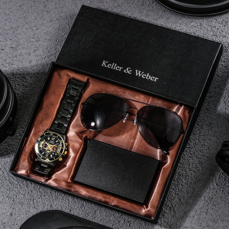 Men's Fashion Watch Sunglasses Cards Wallet Gift Boxs Set