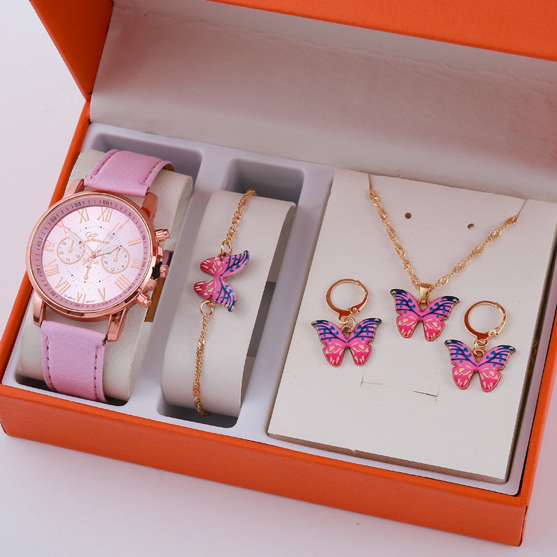 Pink Ladies Belt Watch Jewelry Set Box