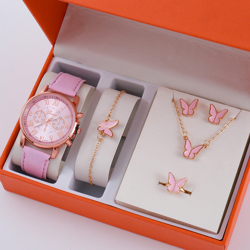 Pink Ladies Belt Watch Jewelry Set Box