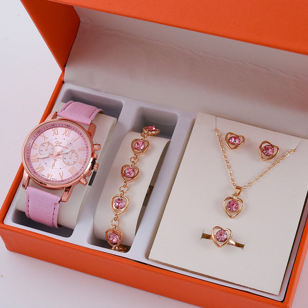 Pink Ladies Belt Watch Jewelry Set Box