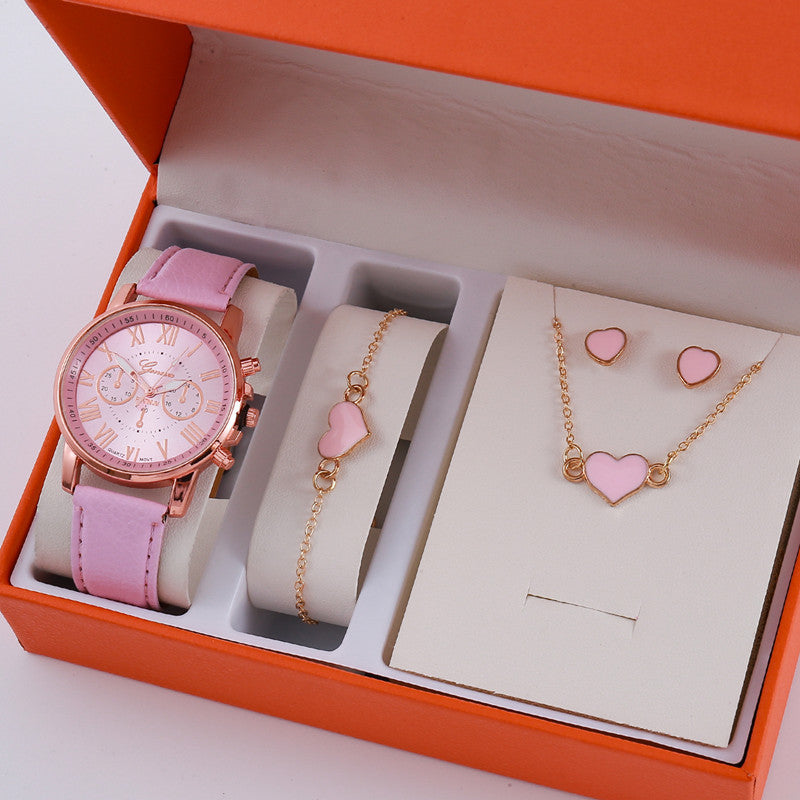 Pink Ladies Belt Watch Jewelry Set Box