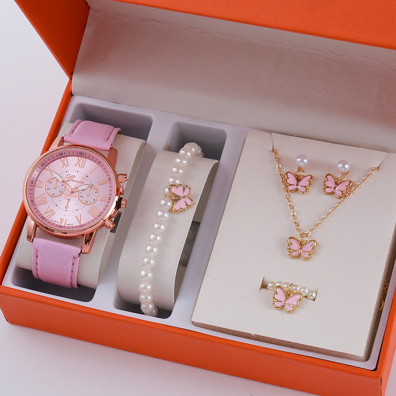 Pink Ladies Belt Watch Jewelry Set Box