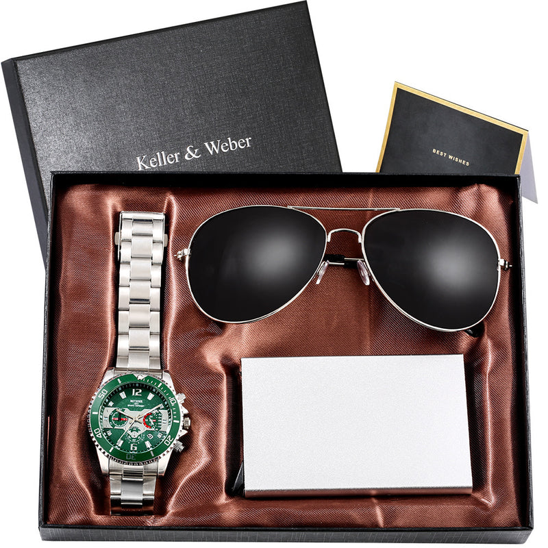 Men's Fashion Watch Sunglasses Cards Wallet Gift Boxs Set